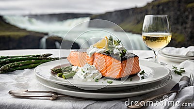 portion of smoked salmon steak and asparagus in a white plate on a white tablecloth in front of Icelandic waterfalls Stock Photo