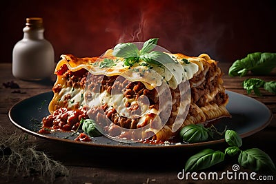 Portion of succulent ground beef lasagne topped with melted cheese and garnished with fresh parsley served on a plate in a close Stock Photo