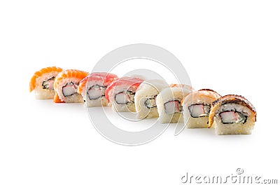 Portion of sushi uramaki isolated on white background Stock Photo