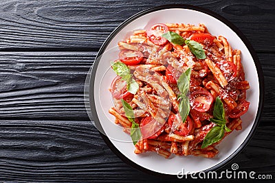 Portion of tasty Casarecce pasta with tomato sauce, cheese and basil close-up on a plate. horizontal top view Stock Photo