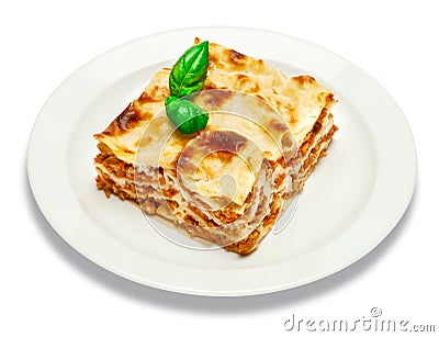 Portion of tasty lasagna isolated on white Stock Photo