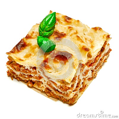 Portion of tasty lasagna isolated on white Stock Photo