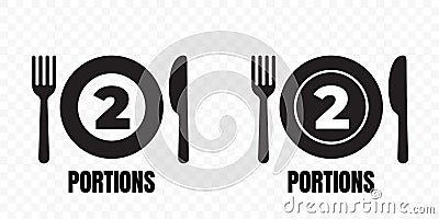 2 portions, food meal package vector icons. Plate with fork and knife label for two portions food recommendation sign Vector Illustration