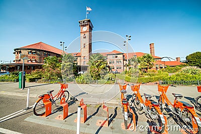 PORTLAND, OR - AUGUST 18, 2017: Bikes in front of train station. Editorial Stock Photo