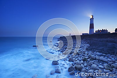 The Portland Bill Lighthouse in Dorset, England at night Stock Photo