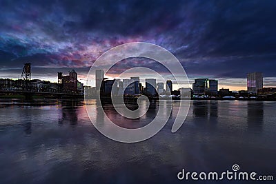 Portland City Downtown Cityscape Cloudy Twilight Stock Photo