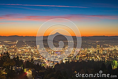 Portland downtown and Mt Hood at dawn Stock Photo