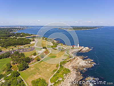 Portland Head Lighthouse aerial view, Maine, USA Stock Photo