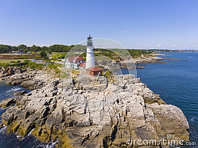 Portland Head Lighthouse aerial view, Maine, USA Stock Photo