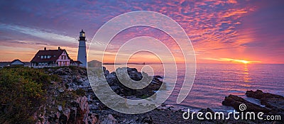 Portland Head Lighthouse Sunrise Panorama Stock Photo