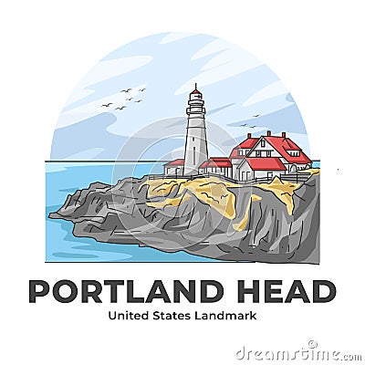 Portland Head Lighthouse United States Landmark Minimalist Cartoon Illustration Vector Illustration