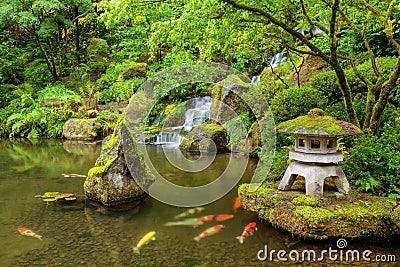 Portland Japanese Garden pond with koi fish Stock Photo