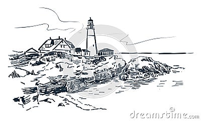 Portland lighthouse vector sketch landscape line illustration skyline Cartoon Illustration