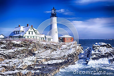 Portland Maine Headlight lighthouse wintertime Stock Photo