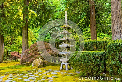 PORTLAND, OR - MAY 27, 2017: Japanese Garden with a stone Pagoda lantern Editorial Stock Photo