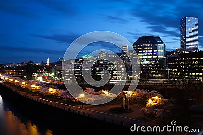 Portland Oregon city skyline at night. Stock Photo