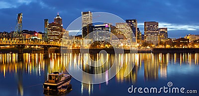 Portland Oregon Downtown Waterfront at Blue Hour Stock Photo