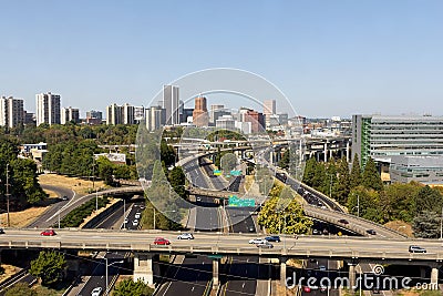 Portland Oregon Skyline with Freeway Stock Photo
