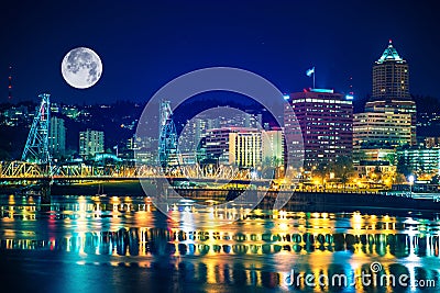 Portland Skyline with Moon Stock Photo