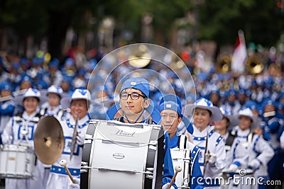 Asian marching band dressed in uniform. Editorial Stock Photo