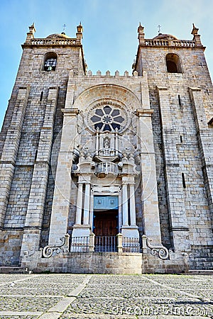 Porto Cathedral facade view, Roman Catholic church, Portugal. Construction around 1110 Stock Photo