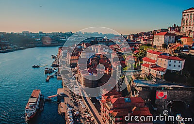 Porto downtown at Douro river cityscape top view Editorial Stock Photo