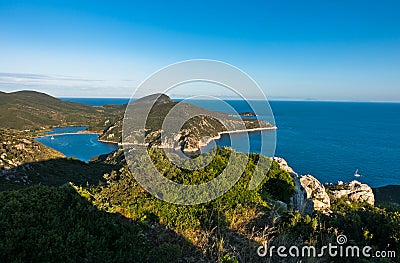 Porto Koufo harbor with a few anchored sailboats, west coast of Sithonia Stock Photo