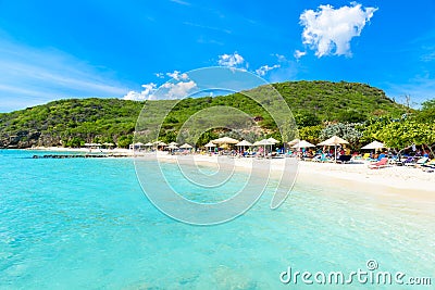 Porto Marie beach - white sand Beach with blue sky and crystal clear blue water in Curacao, Netherlands Antilles, a Caribbean Stock Photo