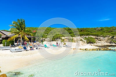 Porto Marie beach - white sand Beach with blue sky and crystal clear blue water in Curacao, Netherlands Antilles, a Caribbean Editorial Stock Photo