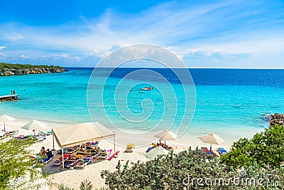 Porto Marie beach - white sand Beach with blue sky and crystal clear blue water in Curacao, Netherlands Antilles, a Caribbean Editorial Stock Photo