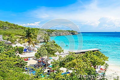 Porto Marie beach - white sand Beach with blue sky and crystal clear blue water in Curacao, Netherlands Antilles, a Caribbean Editorial Stock Photo