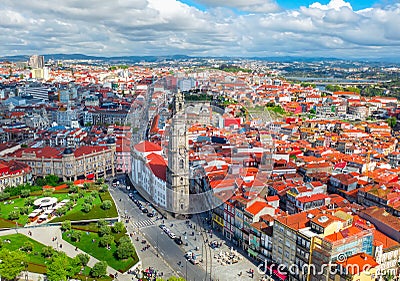 Porto, Portugal - 28 april: aerial top city view on catholic church or cathedral Torre dos Clerigos, cityscape skyline Editorial Stock Photo