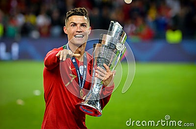 PORTO, PORTUGLAL - June 09, 2019: Portugal's Cristiano Ronaldo and team mates celebrate winning the UEFA Nations League Final wit Editorial Stock Photo