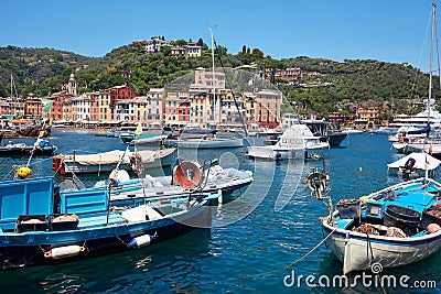 Portofino beautiful village with colorful houses in Italy Editorial Stock Photo