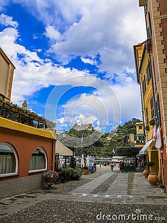 Portofino,Genoa,Italy on April3,2023:colourfully painted buildings and beautiful habour in spring Editorial Stock Photo