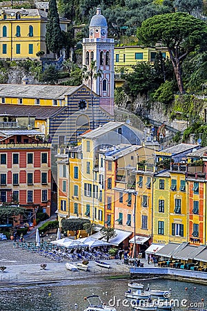 Portofino,Genoa,Italy on April3,2023:colourfully painted buildings and beautiful habour in spring Editorial Stock Photo