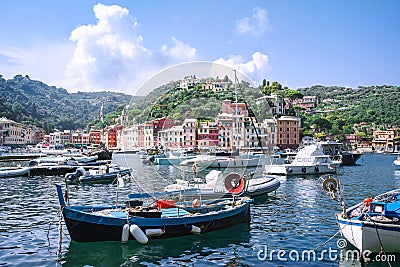 Portofino, Liguria, Italy: 09 aug 2018. Portofino landscape, best Mediterranean place with colorful houses in harbor. Editorial Stock Photo