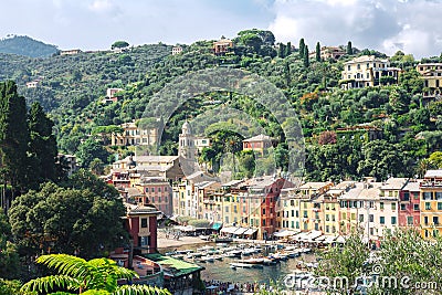 Portofino, Liguria, Italy: 09 aug 2018. Portofino landscape, best Mediterranean place with colorful houses,picturesque harbor Editorial Stock Photo