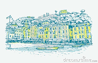 Portofino, Liguria. Sketch color vector background with boats, and European houses on sea coast Vector Illustration