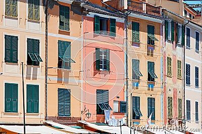 Portofino typical beautiful village facades with colorful houses in Italy Stock Photo