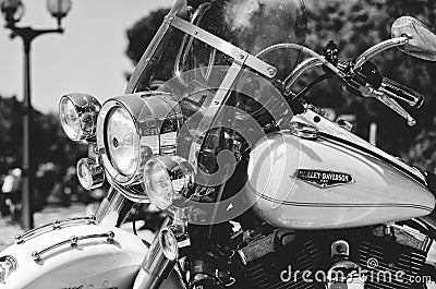 Cool bikers Harley Davidson festival, exhibition. Chrome motorcycle engine block close up Editorial Stock Photo