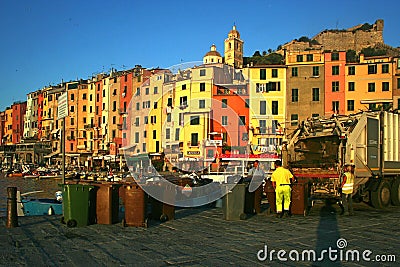 Portovenere at dawn: garbage collection on the marina pier Editorial Stock Photo