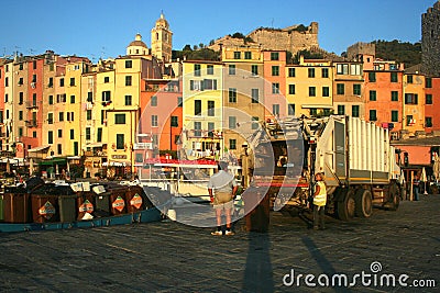 Portovenere at dawn: garbage collection on the marina pier Editorial Stock Photo