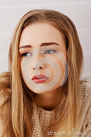 Portraif of beautiful sad, worried caucasian woman. Stock Photo