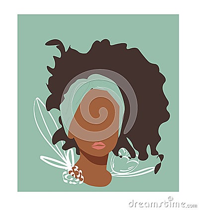 Portrait of abstract young girl black skin, floral doodle element, vector flat illustration. Trendy art minimal poster print. Vector Illustration