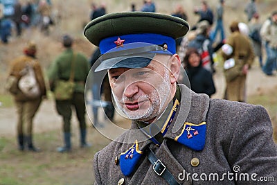 Portrait of actor dressed as Russian Soviet officer Of World War II in military-historical reconstruction in Volgograd. Editorial Stock Photo