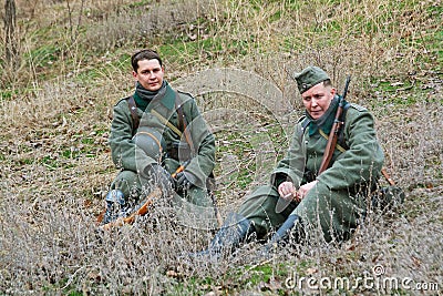 Portrait of actors dressed as German soldiers of World War II in military-historical reconstruction in Volgograd. Editorial Stock Photo