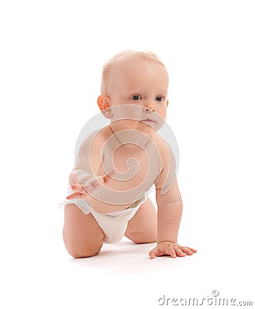 Portrait of adorable baby boy crawling over white Stock Photo