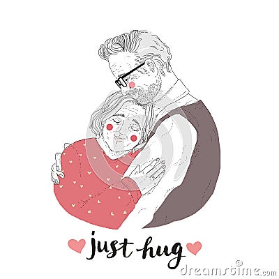 Portrait of adorable pair of old man and woman cuddling. Drawing of loving elderly couple and Just Hug lettering Cartoon Illustration