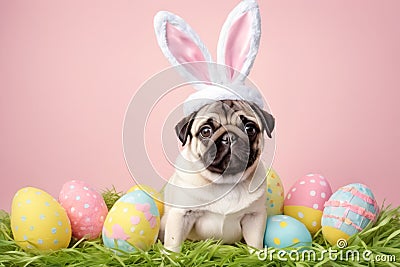 Portrait of adorable pug puppy wearing an easter bunny costume with bunny ears surrounded by easter eggs Stock Photo
